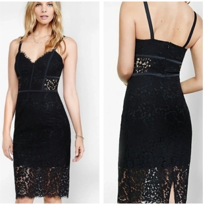 Express Black Lace Corseted Knee Length Bodycon Dress 10 Goth Whimsigoth Party